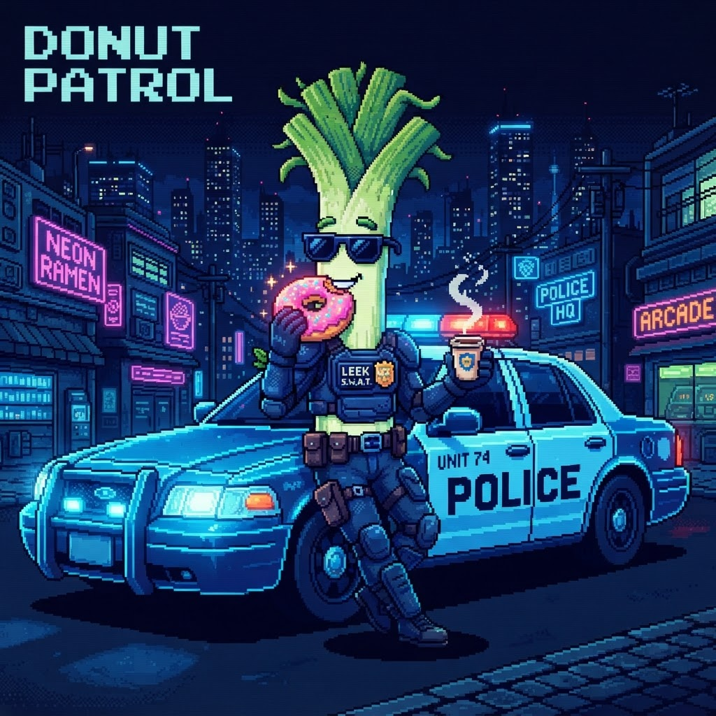 Batonleek eating a donut while leaning on a police car